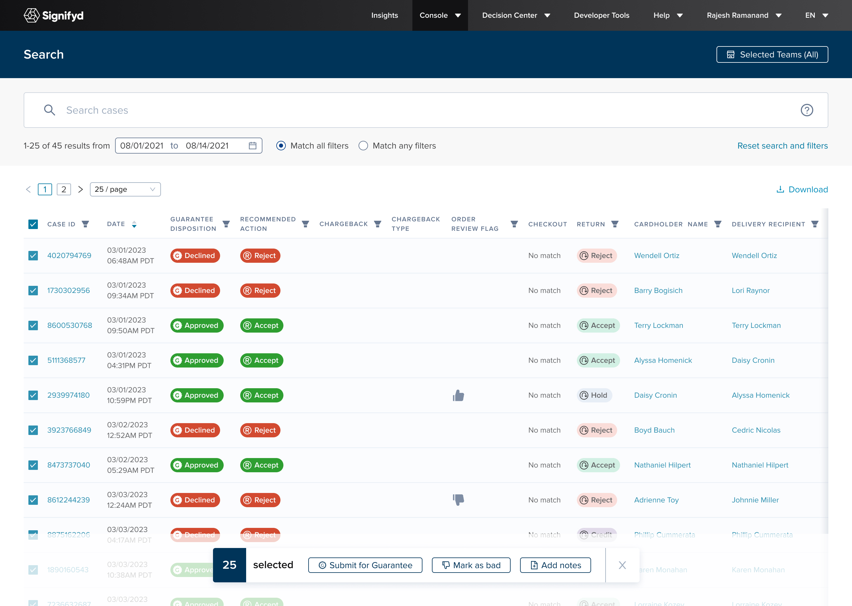 25 cases selected, action bar visible